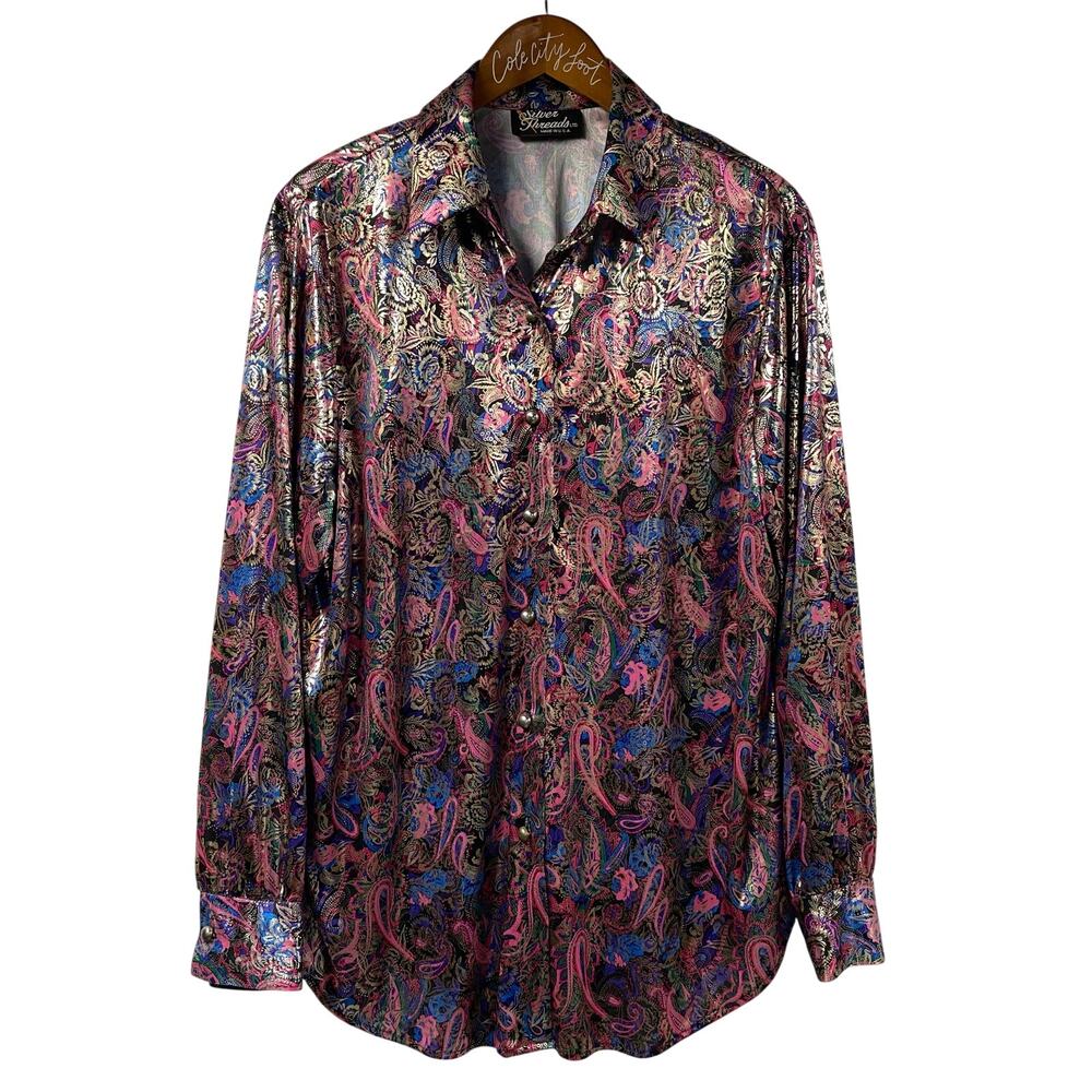 Silver Threads Shirt Long Sleeve Shiny Paisley Vintage Disco XL
